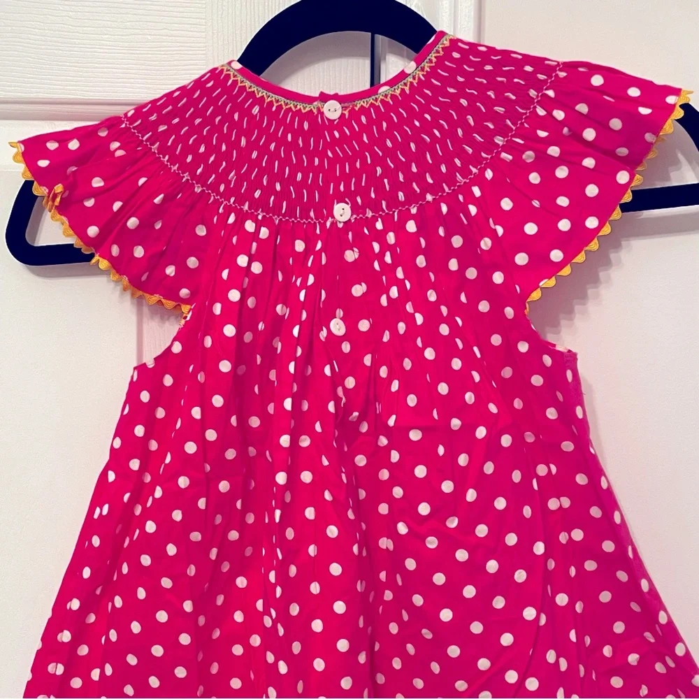 Mom & Me Girls Pink White Polka Dot Smoked Cotton Dress Sz 7